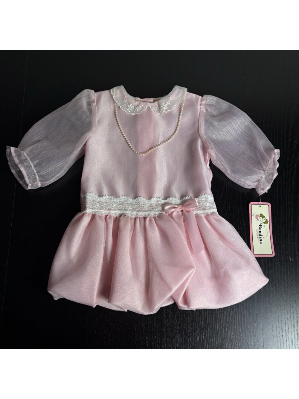 Vintage 90s Toddler Girl 3T Pink Party Dress w/Attached Pearl Necklace Bendina